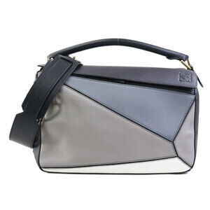 Loewe Puzzle Bag Leather Navy Blue Gray White Gold